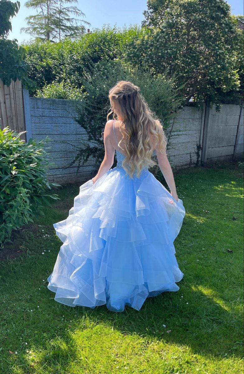 Sweet Light Blue A-Line V-Neck Layered Tulle Long Prom & Evening Dress - View 2 | FashionDia