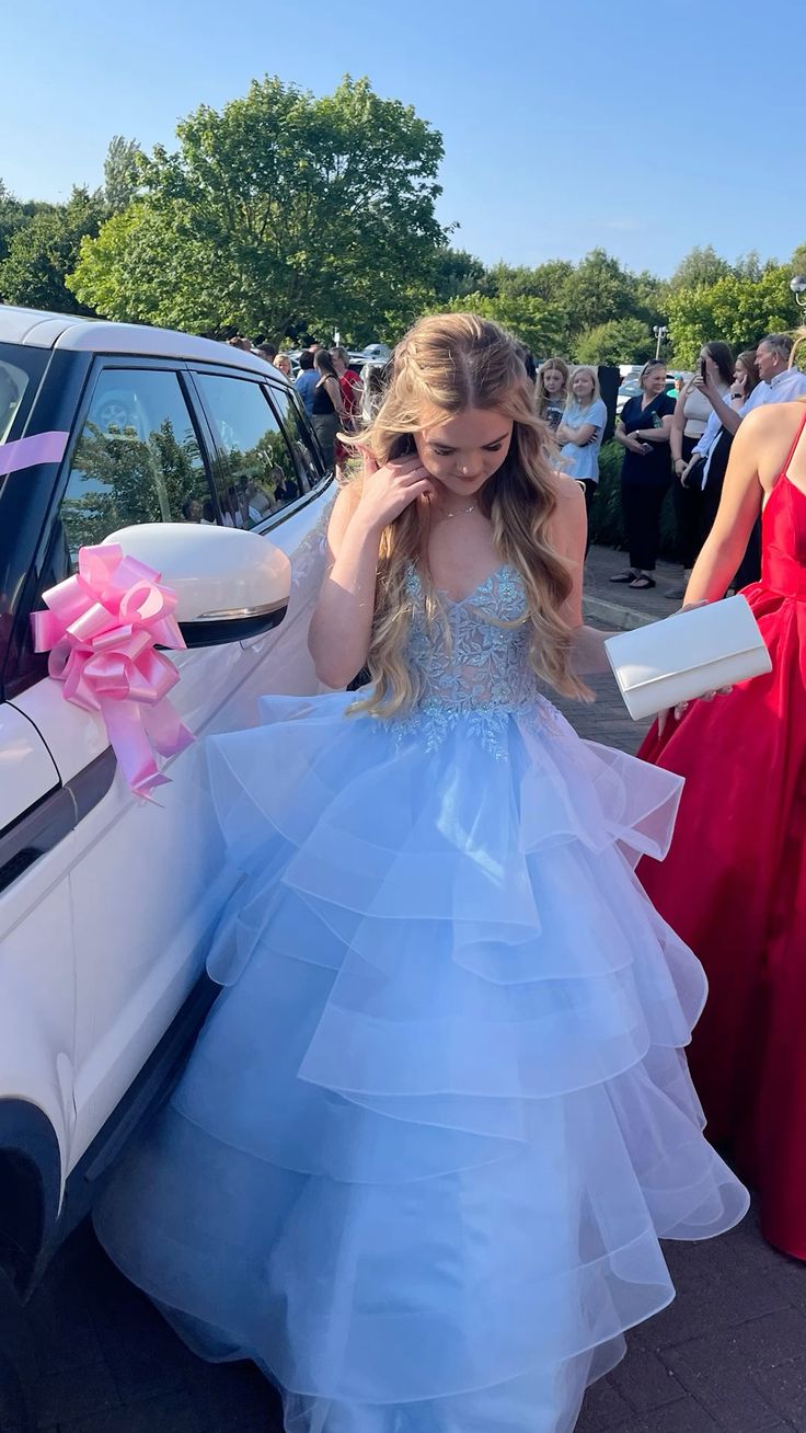 Sweet Light Blue A-Line V-Neck Layered Tulle Long Prom & Evening Dress - View 3 | FashionDia