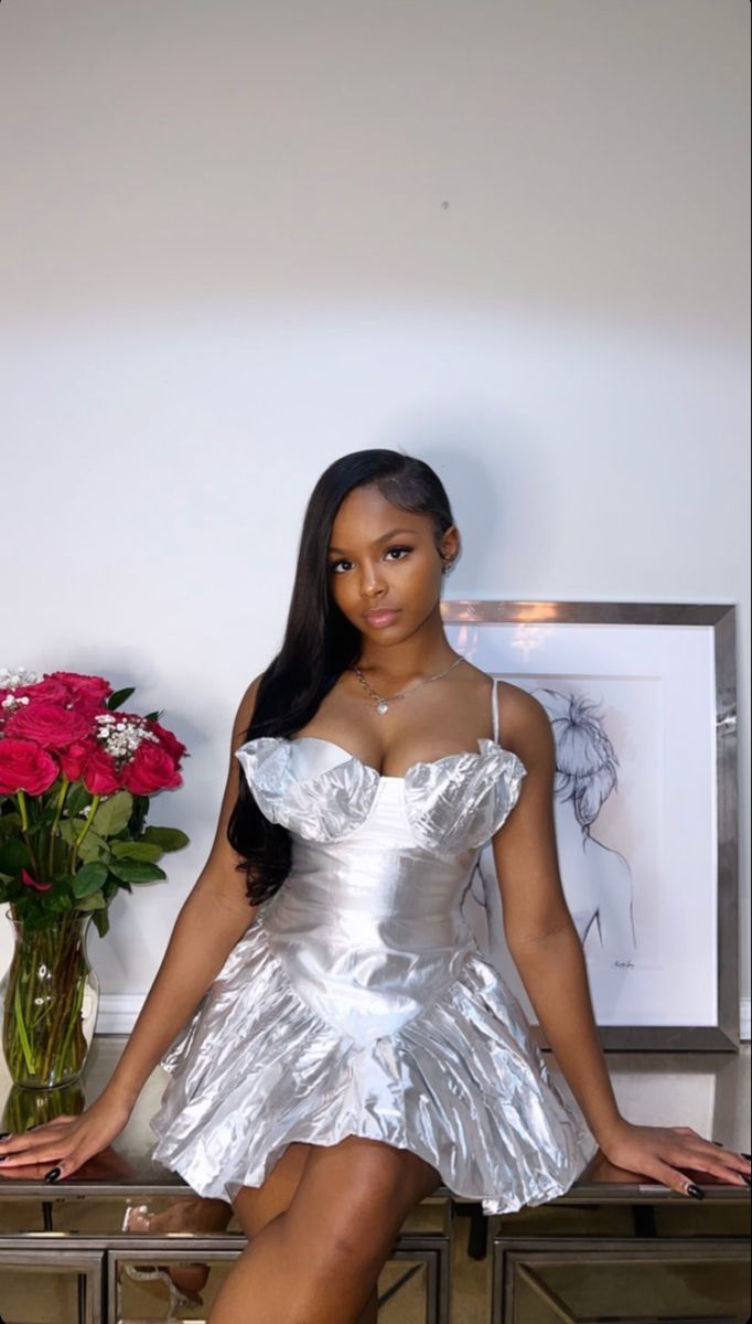 Glossy Silver Tube Top Puffy Suspenders 17th Birthday Homecoming Dress