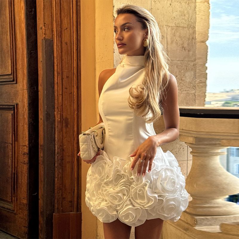 Elegant White High Collar Halter Neck 3D Flower Satin 17th Birthday Homecoming Dress cc4324