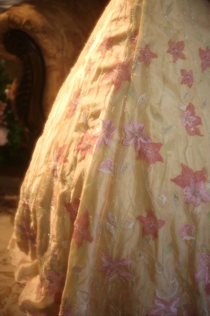 Vintage Yellow A-Line Spaghetti Strap Beaded Floral Satin Long Prom & Evening Dress - View 9 | FashionDia