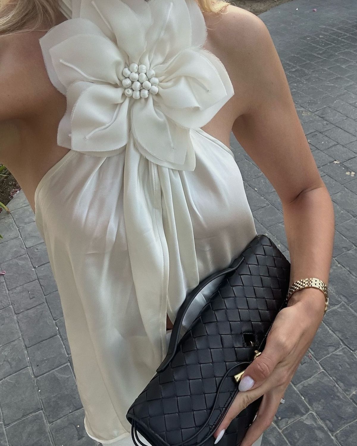 Elegant Vintage White Halter Collar Pearl Flower Satin Birthday Party Homecoming