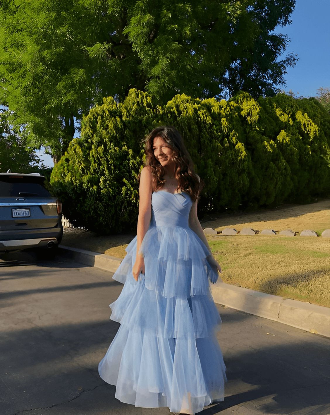 Elegant Blue A-Line Strapless Layered Tulle Long Prom & Evening Dress Bridesmaid Dress - View 2 | FashionDia