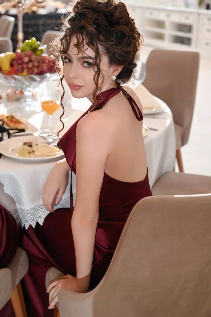 Elegant Burgundy Mermaid Halter Neck Backless Satin Long Prom & Evening Dress - View 6 | FashionDia