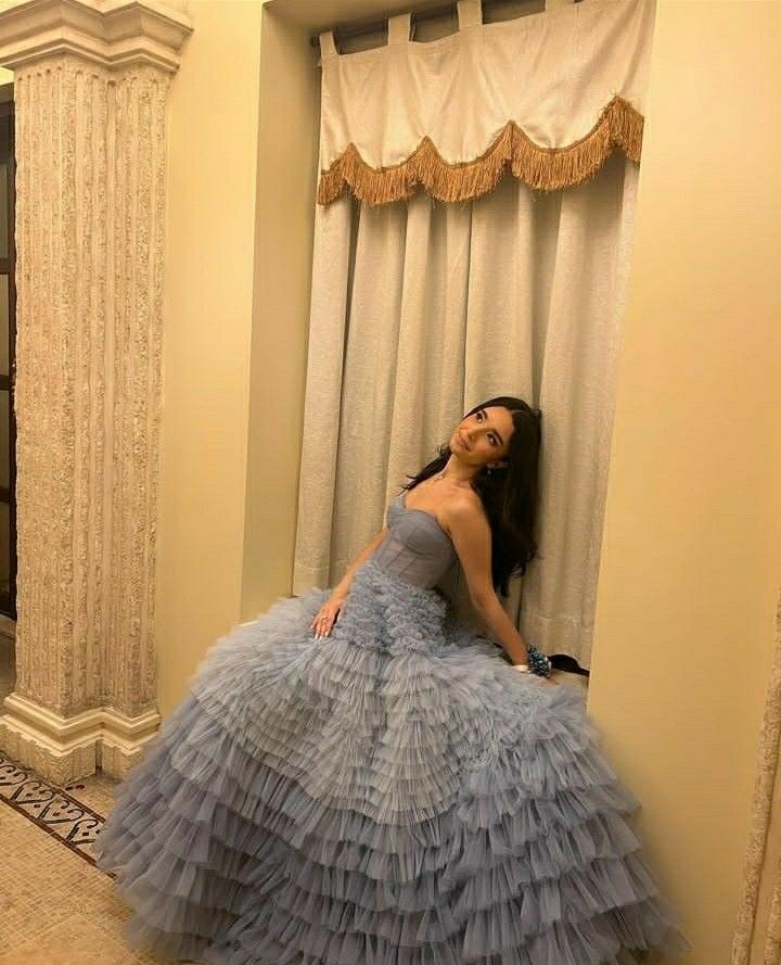 Dreamy Gray-blue A-line Strapless Layered Tulle Long Prom Dress Evening Dress