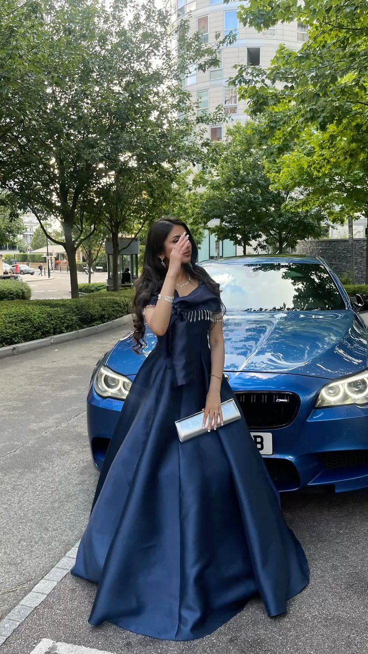 Elegant Navy Blue A-line Tassel Satin Long Prom Dress Evening Dress