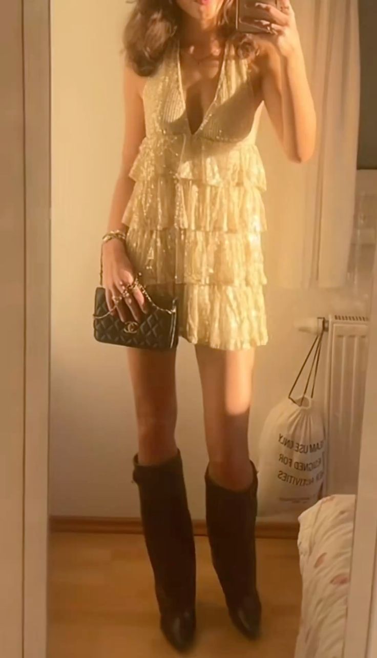 Shining Gold Deep V Sequined Multi-layered Ruffle Skirt Birthday Party Homecoming Dress cc4347