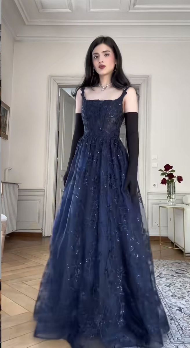 Retro Elegant A-line Navy Blue Square Neck Lace Long Prom Dress Evening Dress
