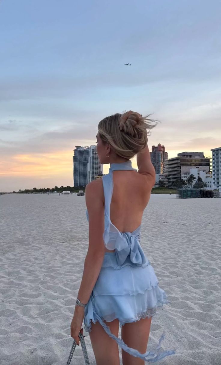 Fresh Light Blue Backless Bow Chiffon Birthday Party Homecoming Dress