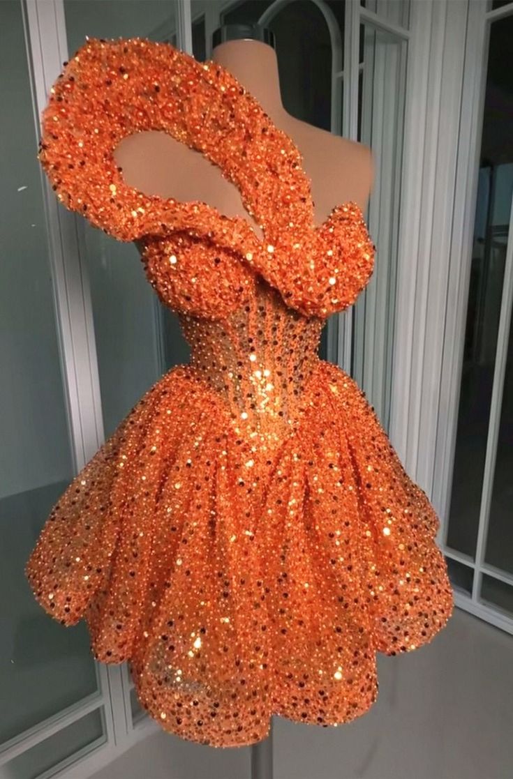 Gorgeous Bright Orange Asymmetrical Shoulder Sequin A-line Birthday Party Homecoming Dress cc4349