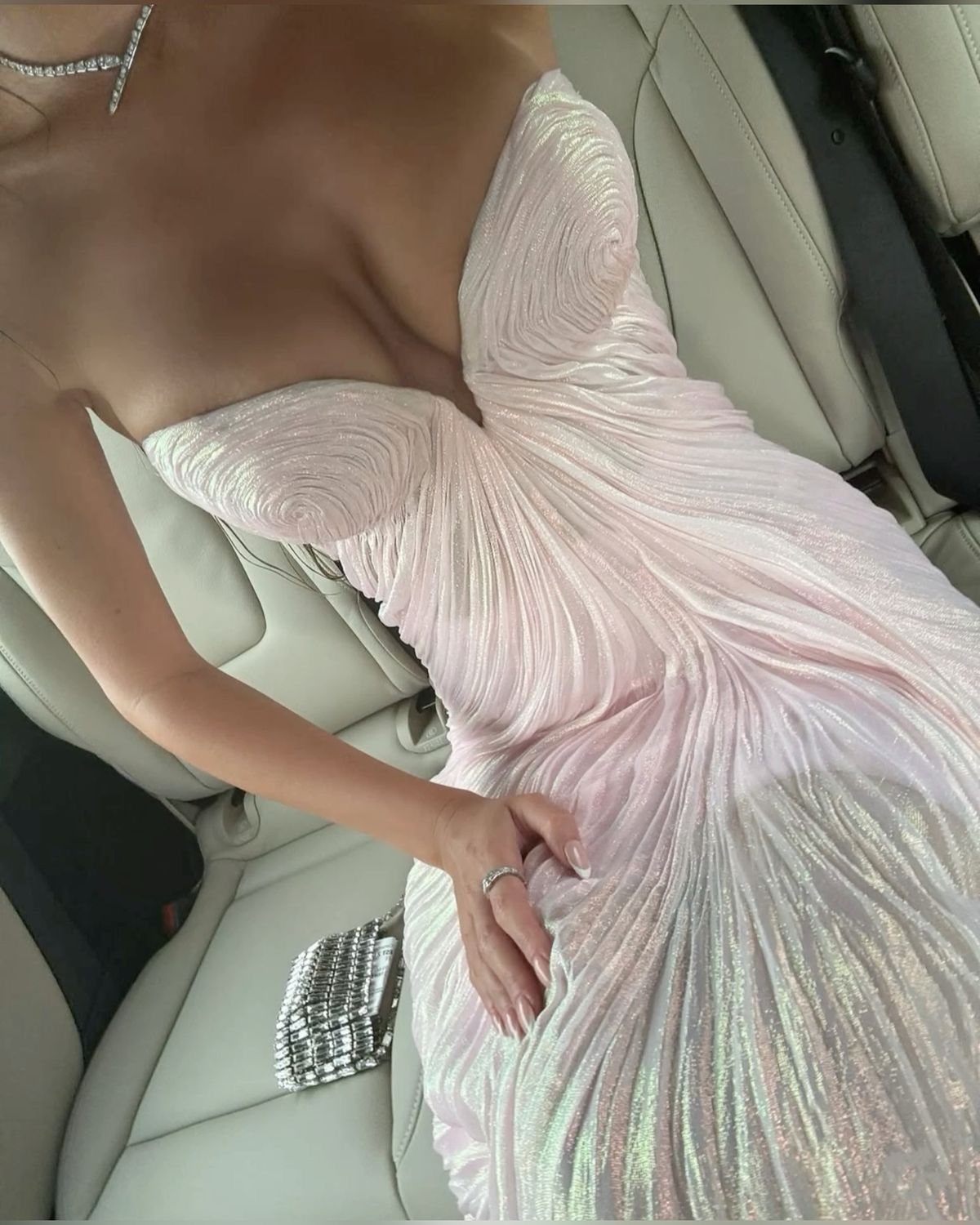 Gorgeous Pale Pink A-line Deep V Strapless 3D Pleats Sequins Long Prom Dress Evening Dress
