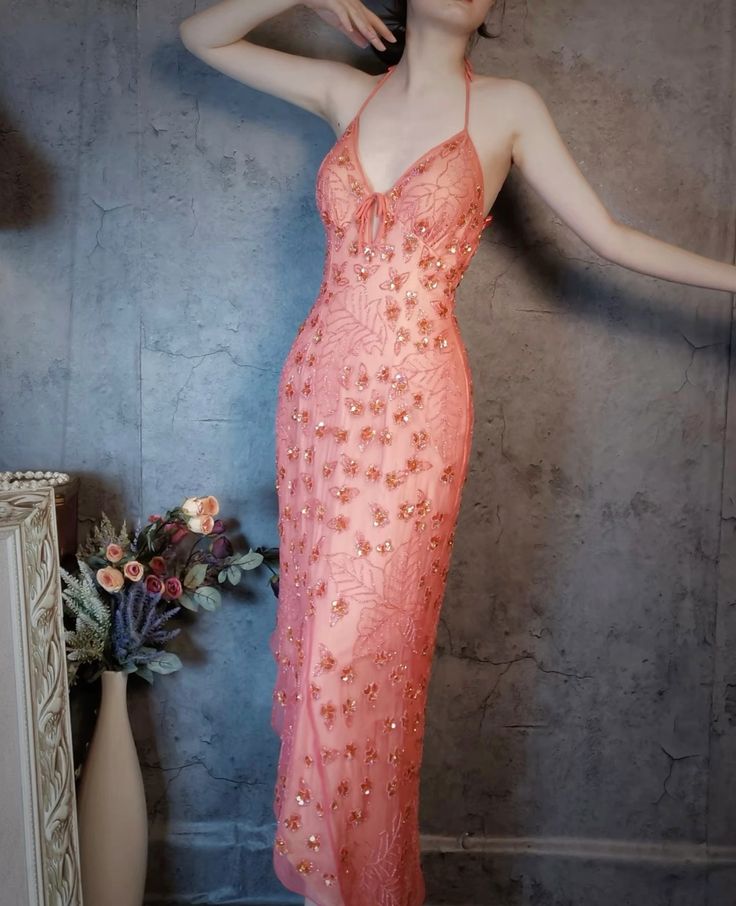 Gorgeous Pink Slim Fit Deep V Halter Neck Open Back Sequin Irregular Skirt Long Prom Dress Evening Dress