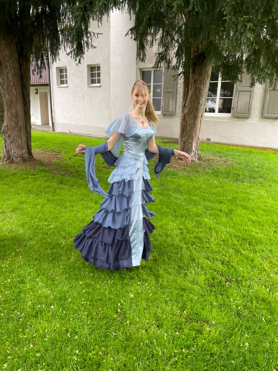 Retro Blue Gradient A-line Multi-Layered Ruffled Chiffon Long Prom Dress Evening Dress