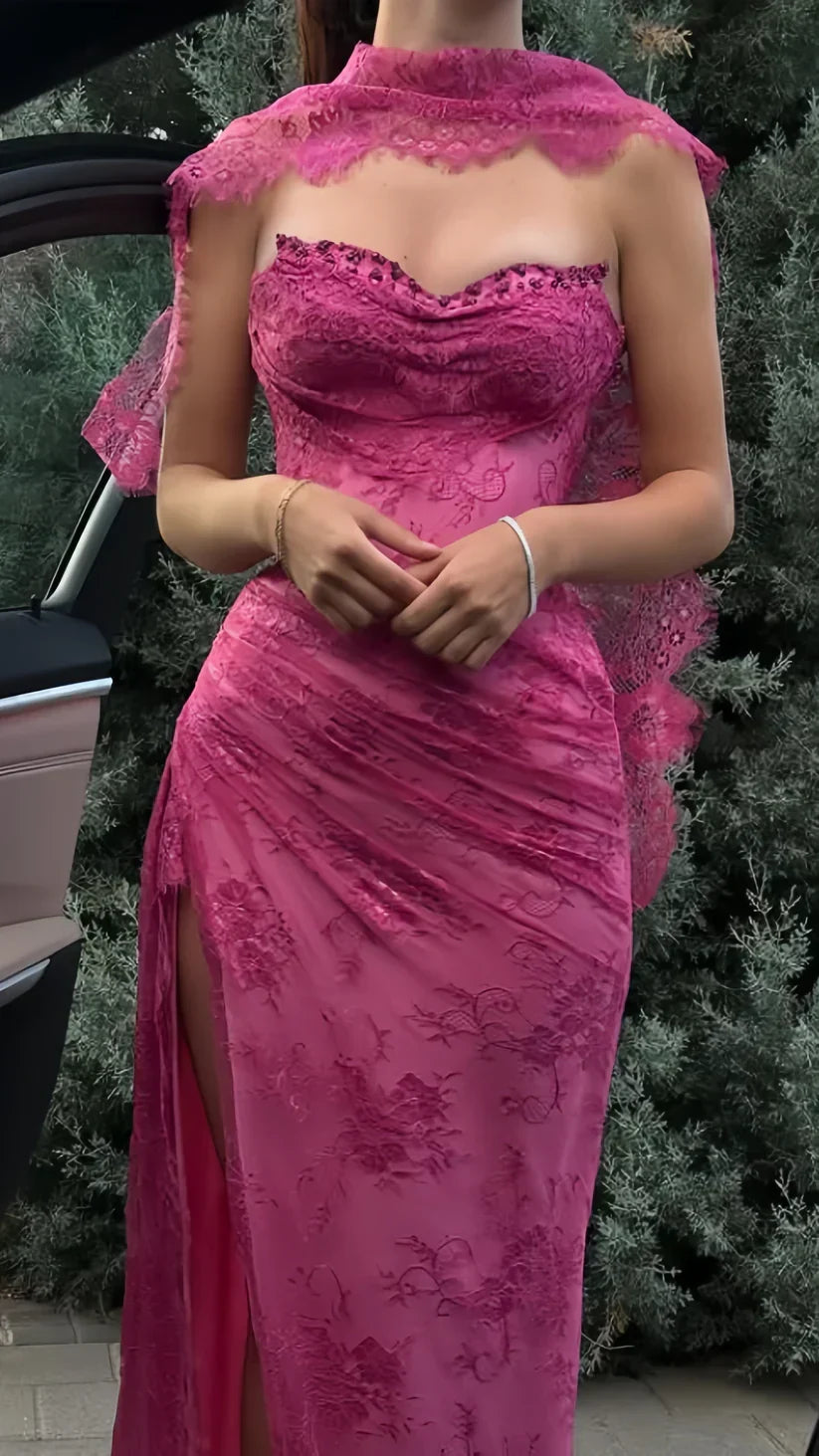 Vintage Pink Mermaid Strapless High-Slit Lace Long Prom Dress Evening Dress