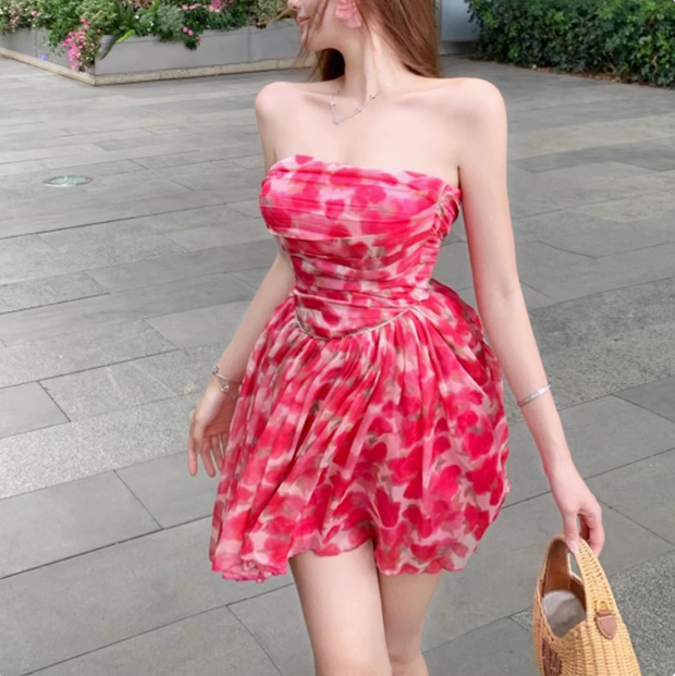 Beautiful Floral Tube Top Pink Tulle A-line Birthday Dress Homecoming Dress