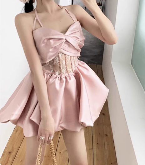 Sweet Pink Bow Strap Satin A-line 17th Birthday Homecoming Dress