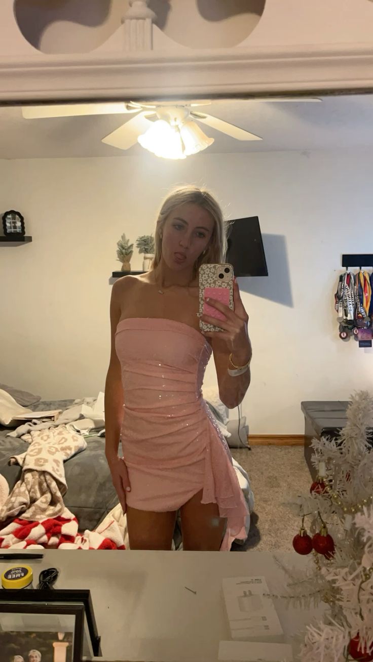 Sweet Pink Tube Top Sequined Slim Fit Hip 17th Birthday Homecoming Dress