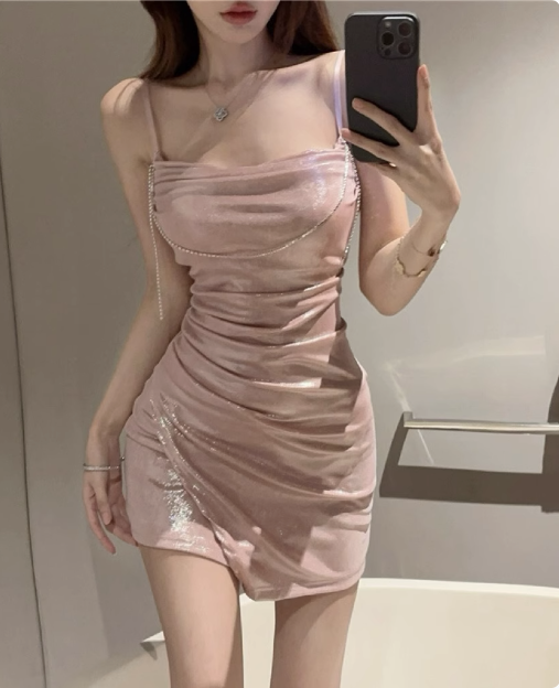 Sweet Off-shoulder Chain Pearl Irregular Birthday Dress Homecoming Dress
