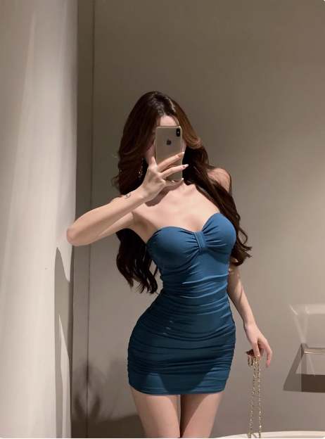 Simple Blue Sweetheart Neck Pleated Hip-hugging Slim Birthday Dress Homecoming Dress