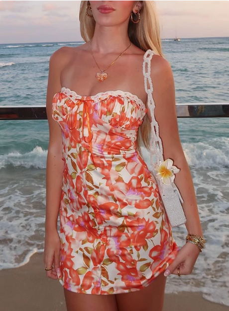 Sexy Orange Tube Top Printed Hip 17th Birthday Homecoming Dress