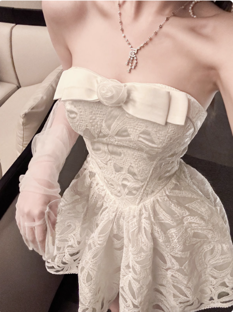 Sweet White Tube Top Lace A-Line 17th Birthday Homecoming Dress