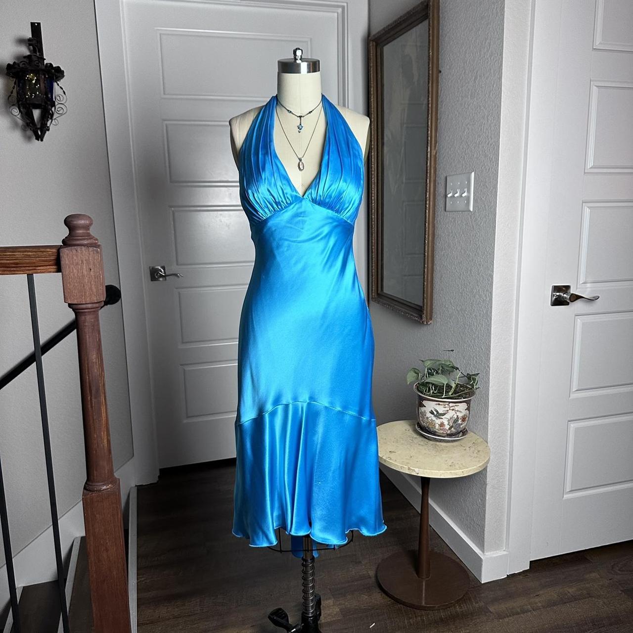 Simple Halter Neck Satin Blue Open Back Homecoming Dress