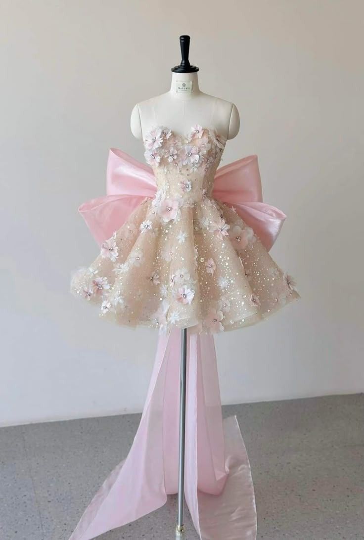 Sweet Pink Big Bow 3D Flower Sequins A-line Birthday Party Homecoming Dress cc4376