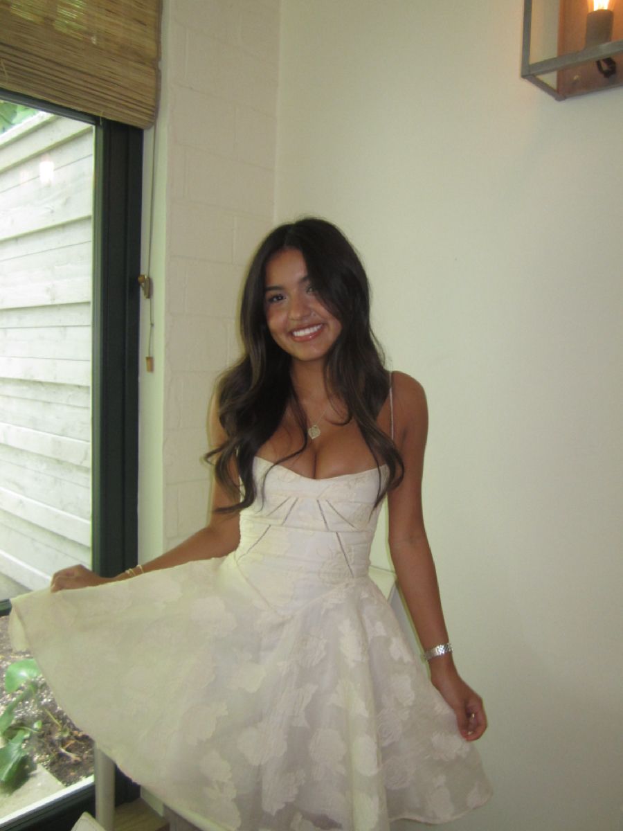 Sweet White Thin Strap Dark Pattern Jacquard Fabric Mini 16th Birthday Homecoming Dress