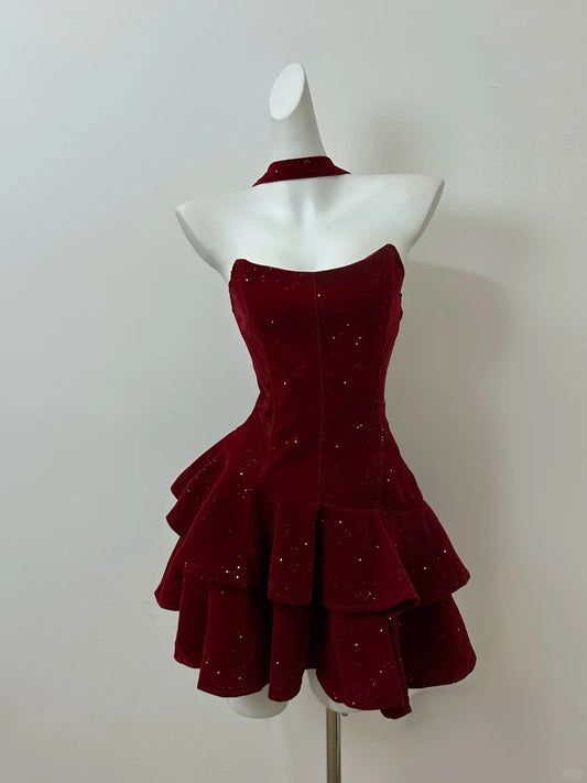 Elegant Burgundy Tube Top Multi-layer Ruffled Shimmering Velvet Birthday Party Homecoming Dress