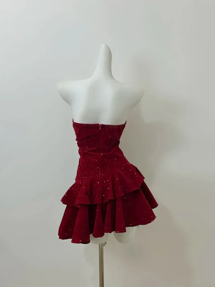 Elegant Burgundy Tube Top Multi-layer Ruffled Shimmering Velvet Birthday Party Homecoming Dress cc4382