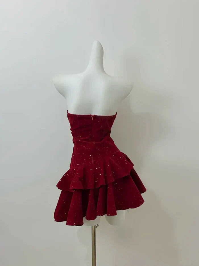 Elegant Burgundy Tube Top Multi-layer Ruffled Shimmering Velvet Birthday Party Homecoming Dress