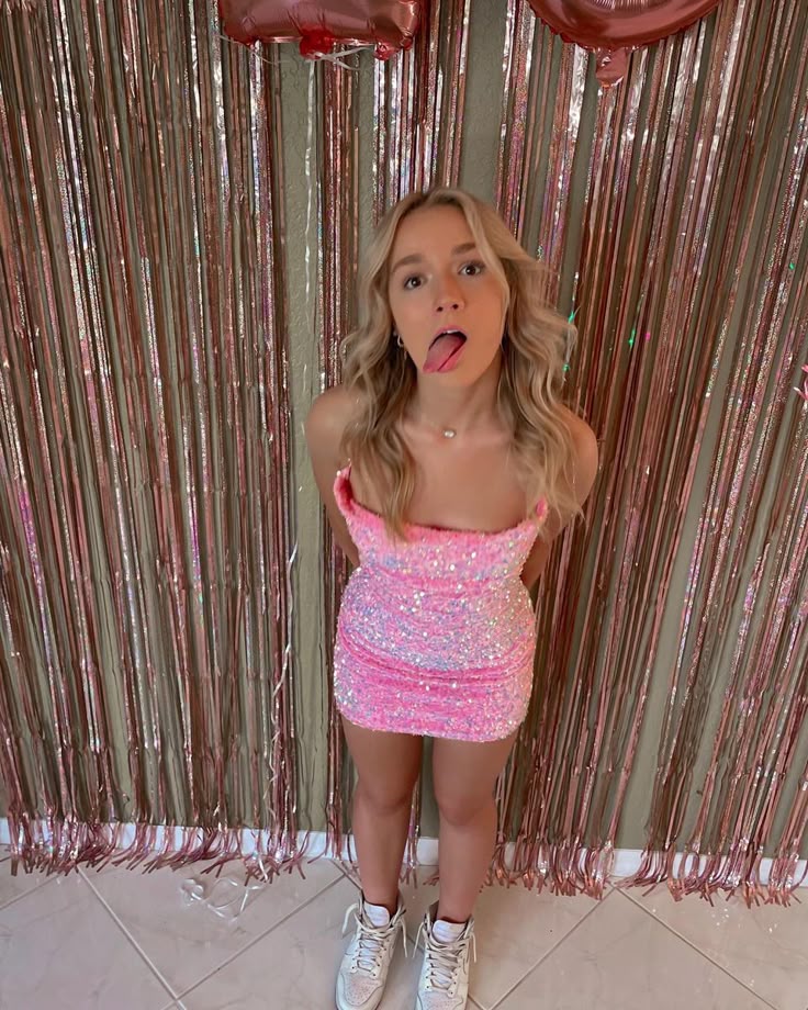 Cute Pink Sequined Tube Top With Back Straps And Hip Wrap 17th Birthday Homecoming Dress