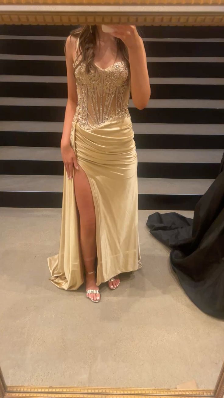 Elegant Champagne Gold Spaghetti Strap Beaded High Slit Satin Long Prom Dress Evening Dress