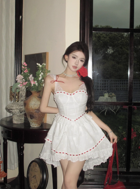 Princess Lace Stitching White Sling Waist Cake Birthday Skirt Homecoming Dress