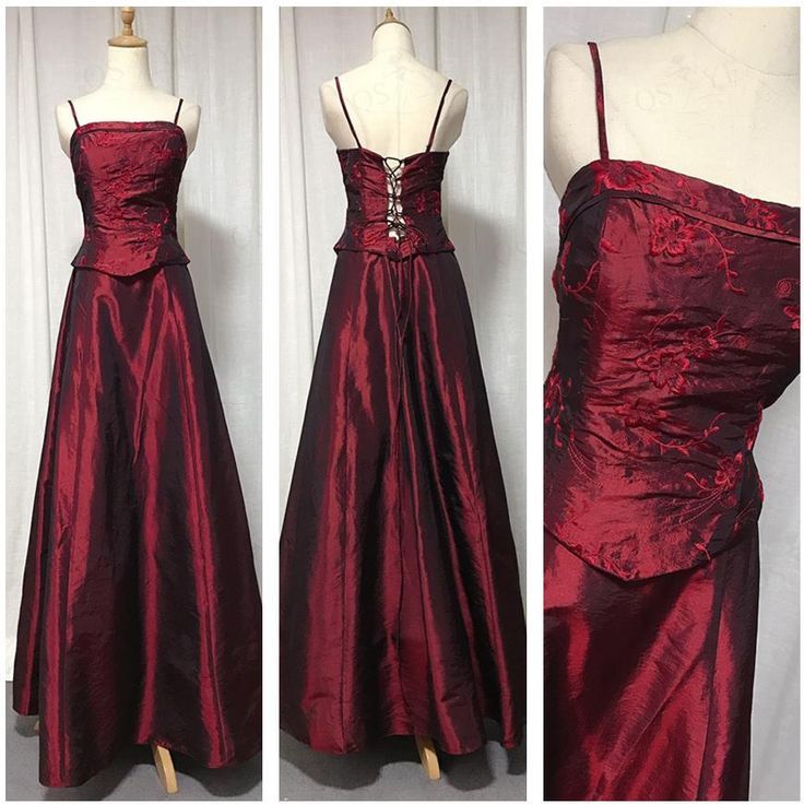 Vintage Elegant Burgundy A-line Spaghetti Straps Embroidered Satin Long Prom Dress Evening Dress