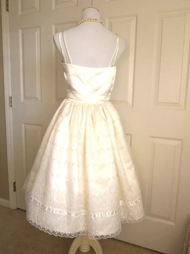 Cute Ivory Strappy Satin Lace Trim A-line Birthday Dress Homecoming Dress