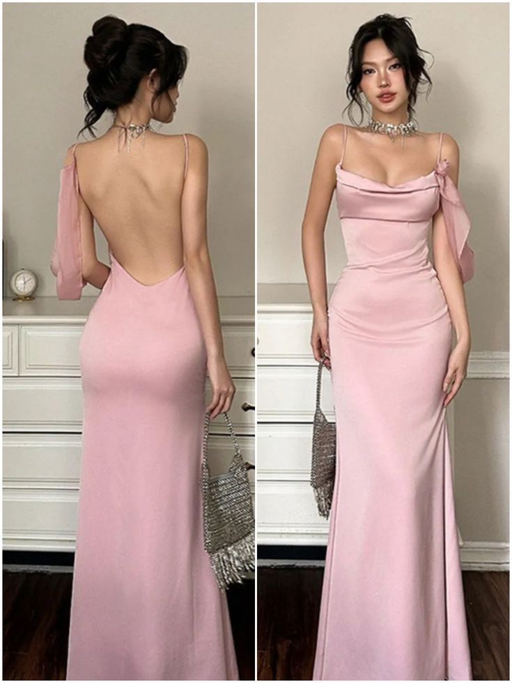 Elegant Pink Mermaid Spaghetti Strap Backless Satin Long Prom Dress Evening Dress