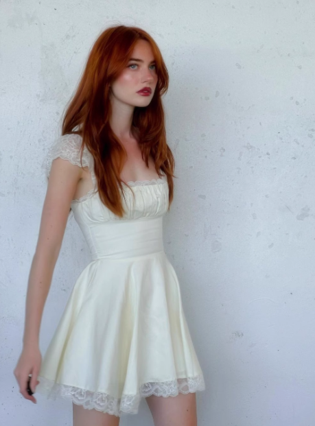 Sweet Ivory Satin Lace Trim Square Neck A-Line Birthday Dress Homecoming Dress