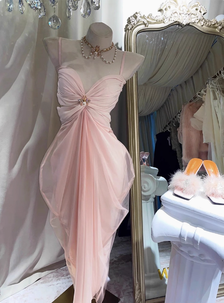 Elegant Pink Suspender Tulle Slim Irregular Birthday Dress Homecoming Dress