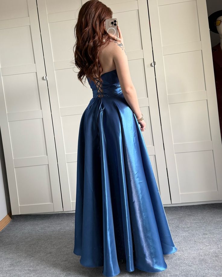 Elegant Royal Blue A-Line Strapless Ribbon Satin Long Prom & Evening Dress Bridesmaid Dress - View 5 | FashionDia