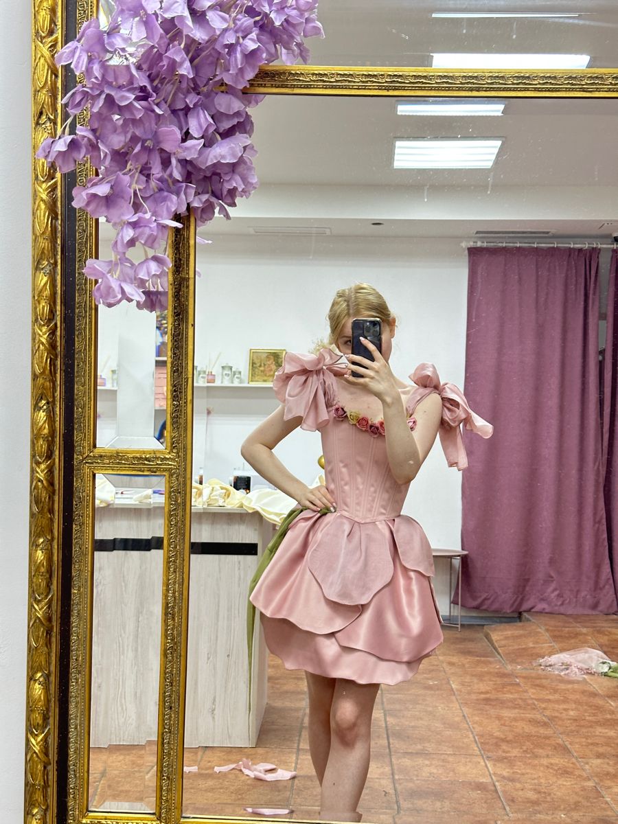 Sweet Pink Square Neck Shoulder Big Bow Flower Cascade Satin Birthday Party Homecoming Dress
