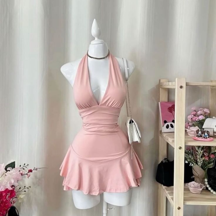 Simple Halter Neck Low Cut Sleeveless Waist Mini Birthday Skirt Homecoming Dress