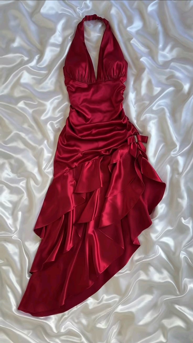 Stunning Red Satin Halter Neck Irregular Birthday Dress Homecoming Dress