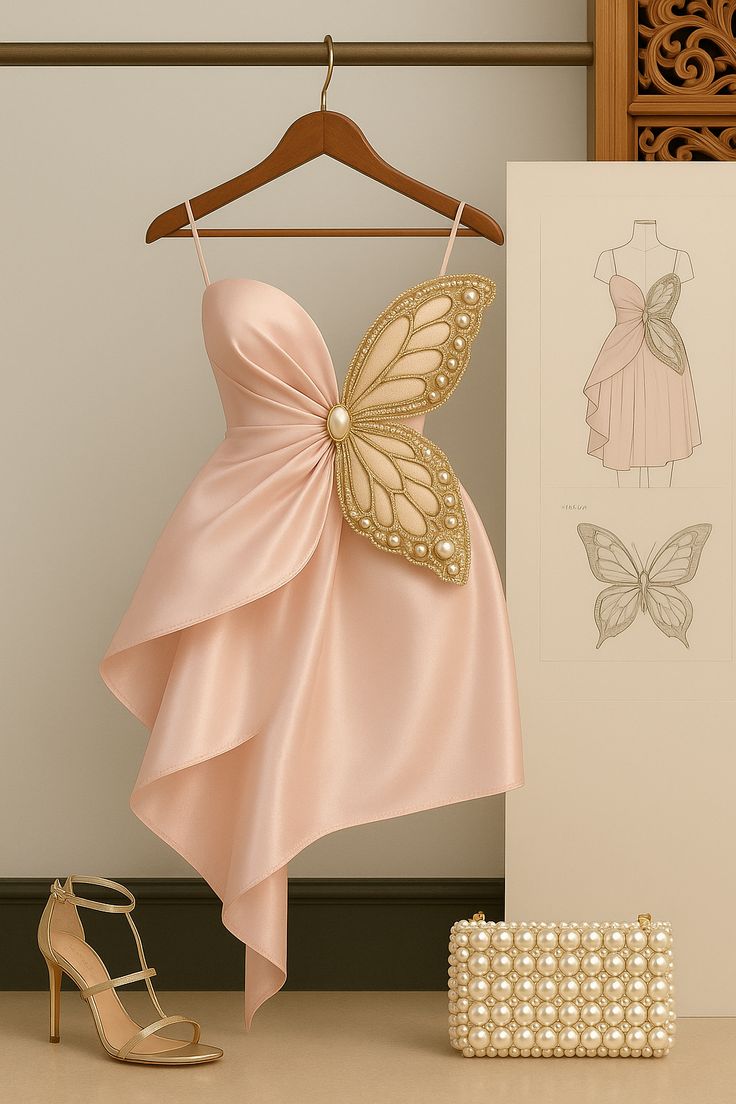 Dreamy Light Pink Spaghetti Strap Pearl Butterfly Irregular Skirt Satin 16th Birthday Homecoming Dress cc4416