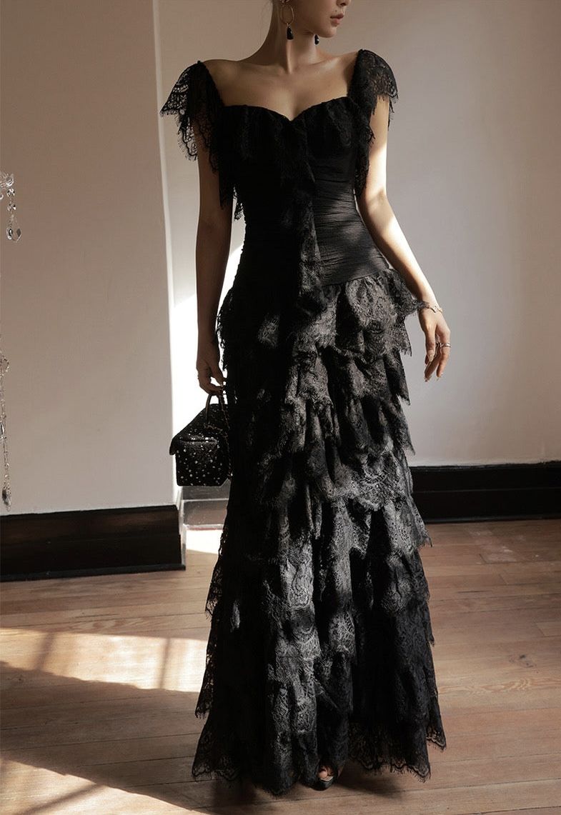 Elegant Black Mermaid Layered Lace Long Prom Dress Evening Dress - VelvetHem