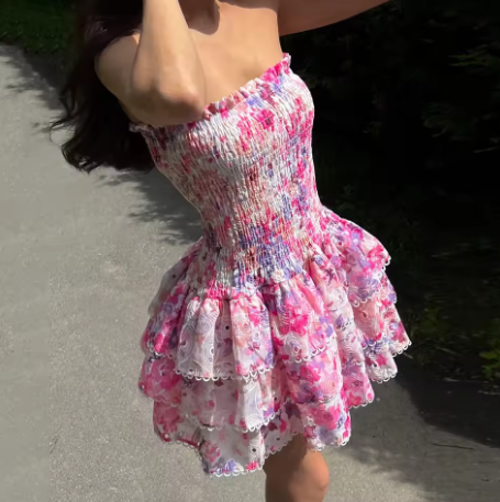 Beautiful Pink Print Floral A Line Birthday Outfits Strapless Homecoming Dress