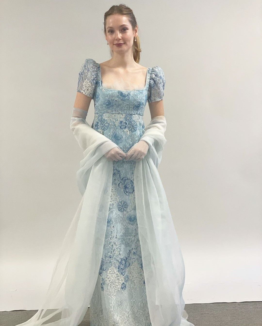 French Princess Light Blue A-line Square Neck Puff Sleeve Embroidered Lace Long Prom Dress Evening Dress - VelvetHem