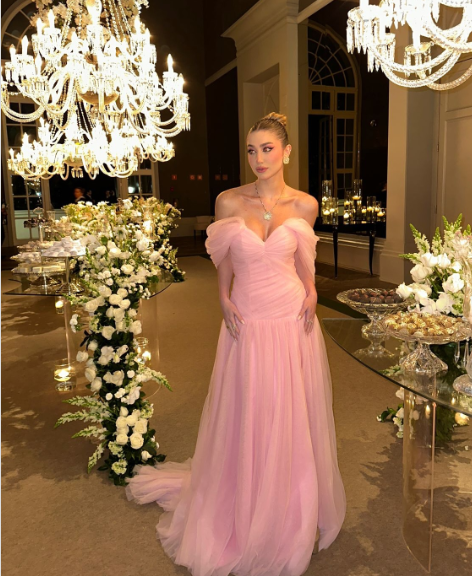 Elegant Pink A-line Trailing Off-shoulder Slit Tulle Long Prom Dress Evening Dress