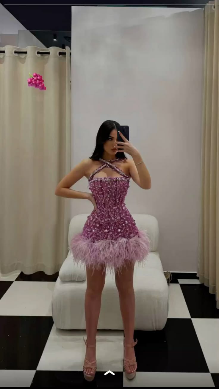Luxurious Pink And Purple Cross Halter Neck Sequined Feather Slim Birthday Dress Homecoming Dress