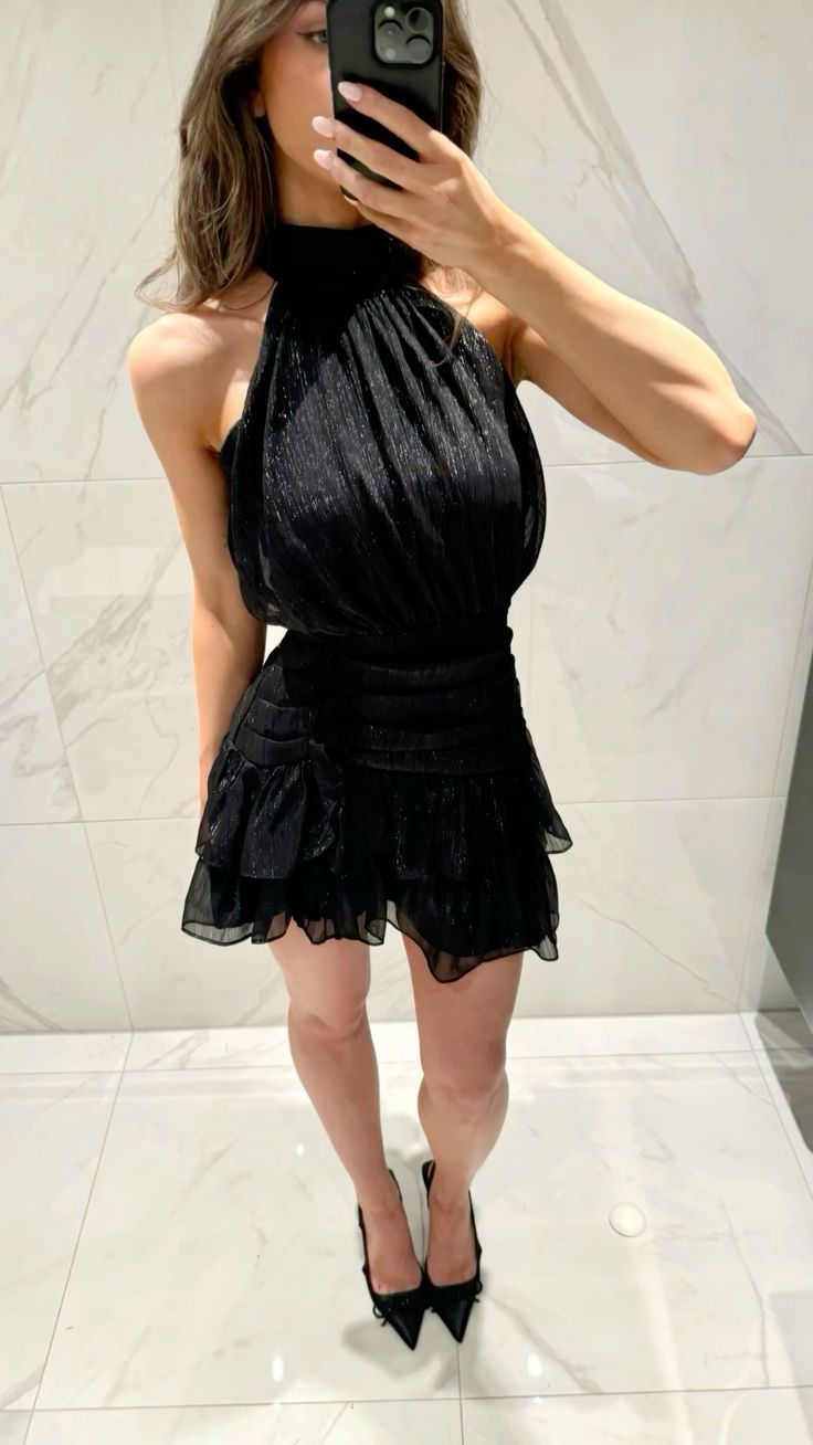 Elegant Black High Collar Halter Neck Waist Ruffled Birthday Party Homecoming Dress